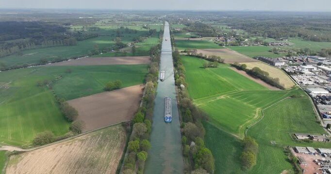 Wesel Datteln canal, inland transportation by ships. Commercial industrial trade and logisitcs over water in Germany.