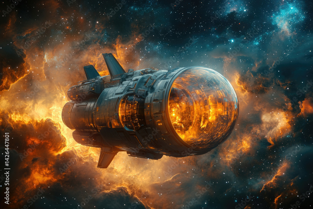 Poster a futuristic spaceship with glowing engine, traversing a vibrant nebula filled with stars and cosmic