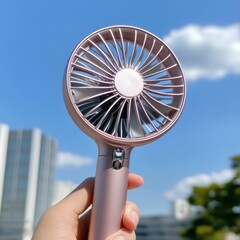 A person is holding a pink fan with a silver handle