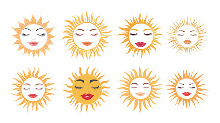 Vector graphic design of the sun with a smiling feminine face, radiating warmth, positivity, and joy. The design symbolizes happiness, empowerment, and a bright future,