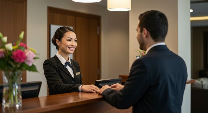 Hotel receptionist assisting guest hotel lobby photograph professional setting warm atmosphere hospitality concept for seo impact
