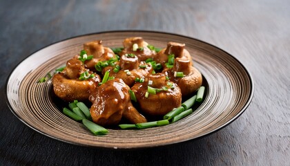 delicious mushroom chicken bites cooked to perfection showcasing a rich glaze and fresh green onions ideal for a savory meal
