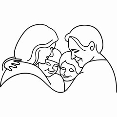  Happy family hugging in minimalist line art drawing