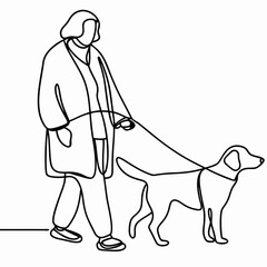 Woman walking dog in minimal line drawing style