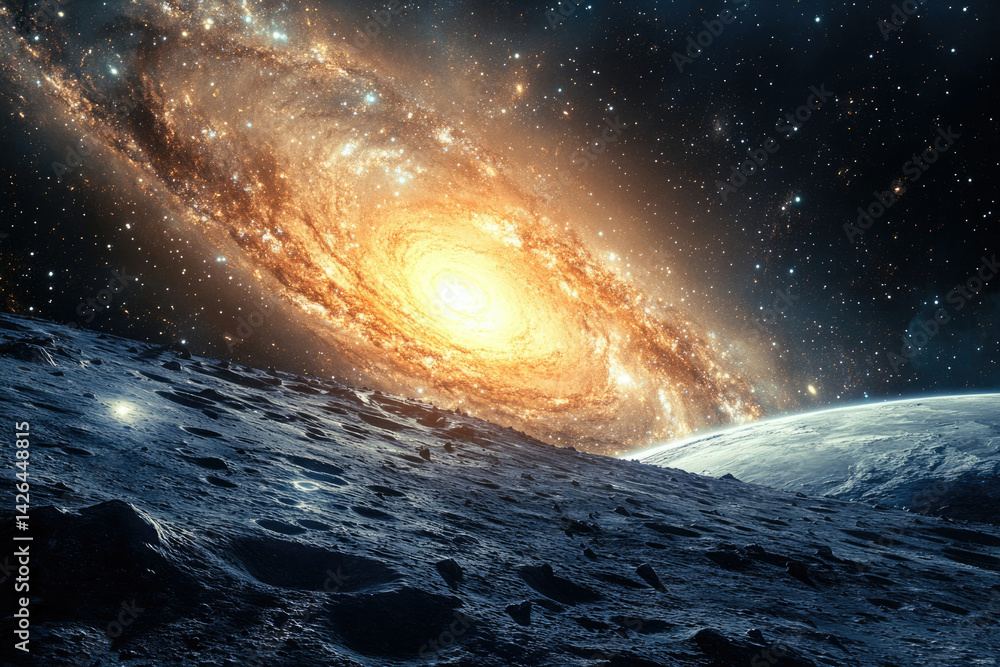 Poster a breathtaking view of a vibrant spiral galaxy from the cratered surface of a planet or moon, showca