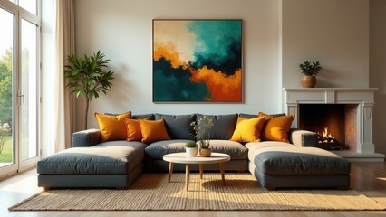 Modern sectional sofa with orange throw pillows in a sunlit living room featuring a large abstract painting above a fireplace