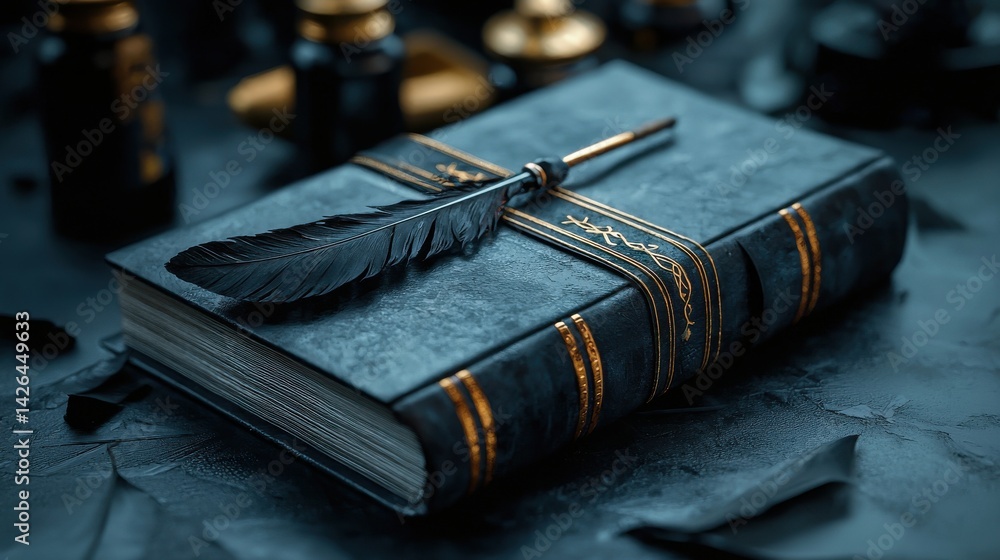 Poster a book with a feather on top of it
