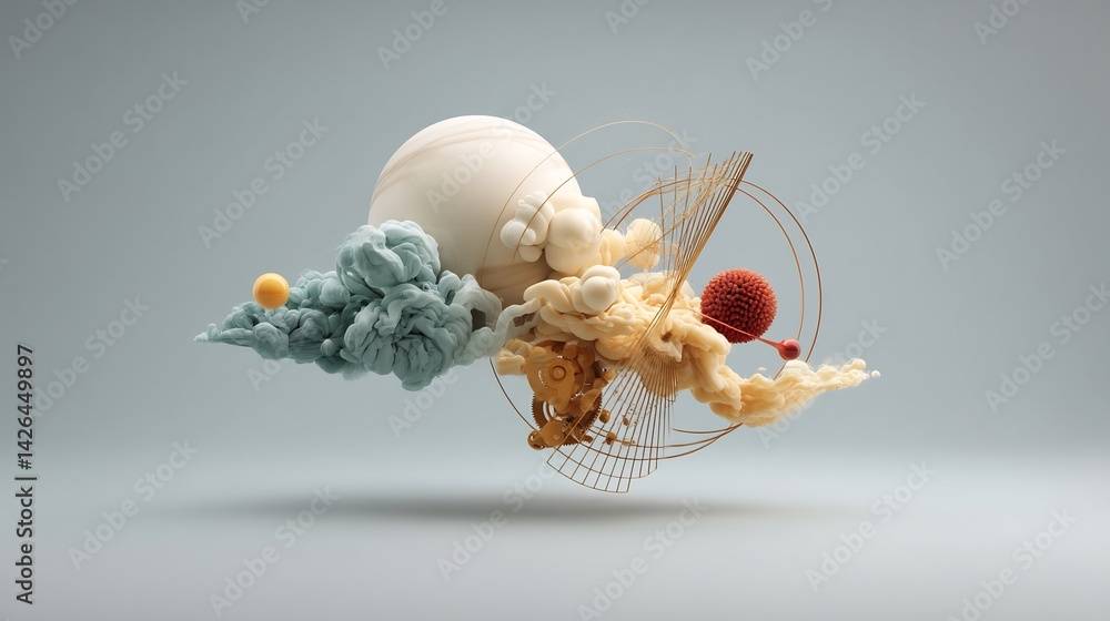 Poster surreal floating composition of spheres, clouds and geometric elements