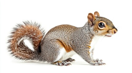 Obraz premium Profile view of a grey squirrel with a bushy tail, sitting on a white background.