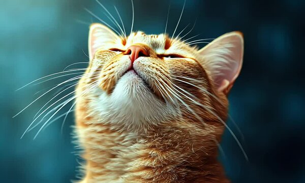 Close-up of an orange tabby cat looking up, enjoying the sun.