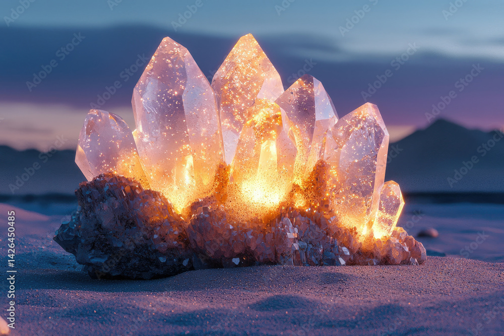 Poster luminous quartz crystals cluster glows on a desert at sunset, creating a magical scene.