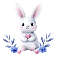 Cute white rabbit with flowers and a heart-shaped treat. isolated against a transparent background.