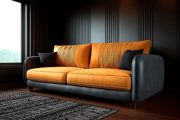 Modern Orange Sofa in Dark Room Interior Design.