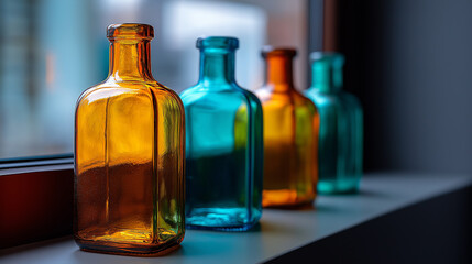 Artful Bottles: A vibrant array of glass bottles showcases an artistic display of colorful hues. Their distinct shapes and shades add a touch of elegance and intrigue.
