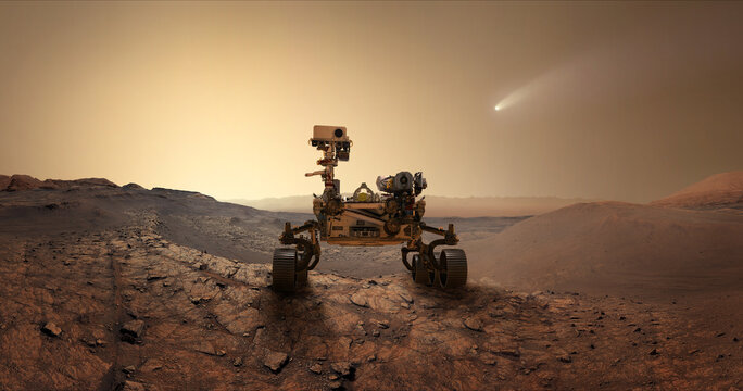 Mars Perseverance Rover is exploring surface of Mars. Perseverance rover Mission Mars exploration of red planet. Space exploration, science concept. .Elements of this image furnished by NASA.