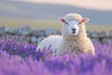 Fototapeta premium A fluffy white sheep calmly sits amidst a vibrant lavender field, bathed in soft sunlight.