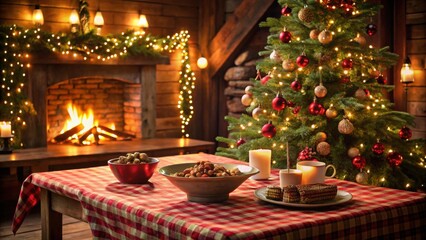 Cozy Christmas Eve Table Setting with Festive Treats and a Decorated Tree