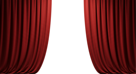 A pair of red velvet curtains partially open against a black background on a stage or theater