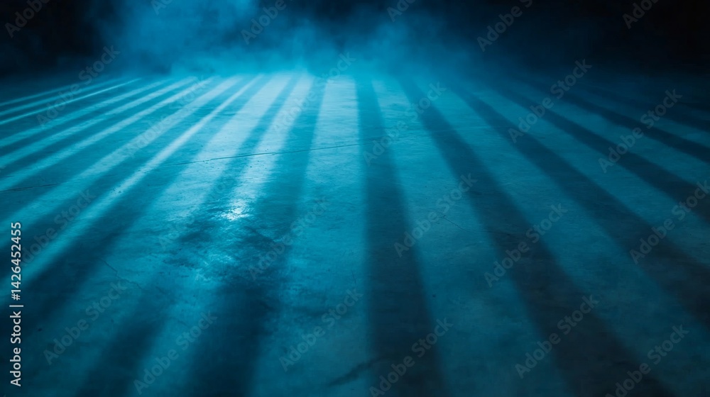 Poster Bright blue light rays streak diagonally across a dark background, creating an abstract design that conveys a sense of energy and technological advancement