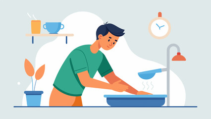 A man mindfully washes the dishes paying attention to the temperature of the water and the rhythm of his scrubbing.. Vector illustration