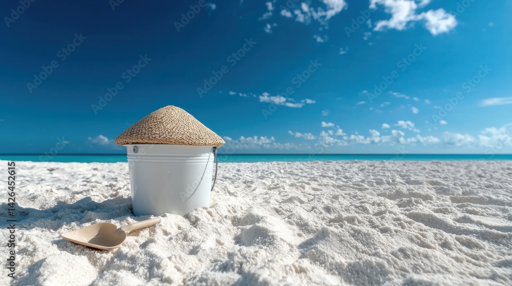 Poster a bucket with a straw sticking out of it is on the beach