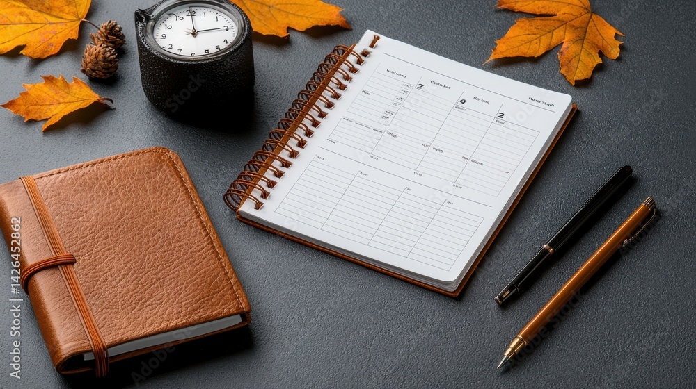 Poster a brown leather bound notebook with a clock on top of it