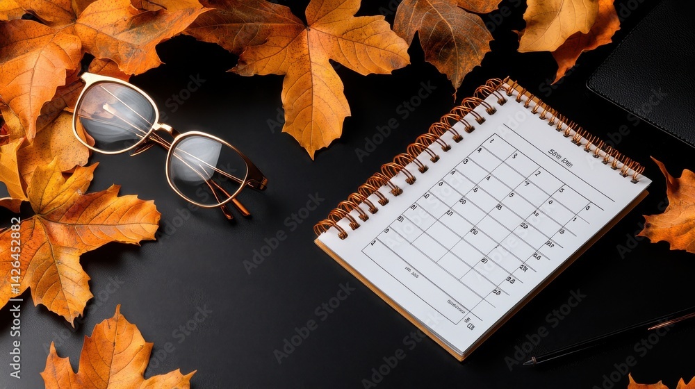 Poster A notebook with a calendar on it sits on a table with a pair of glasses