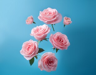 pink roses levitating against blue background minimal spring or flower concept