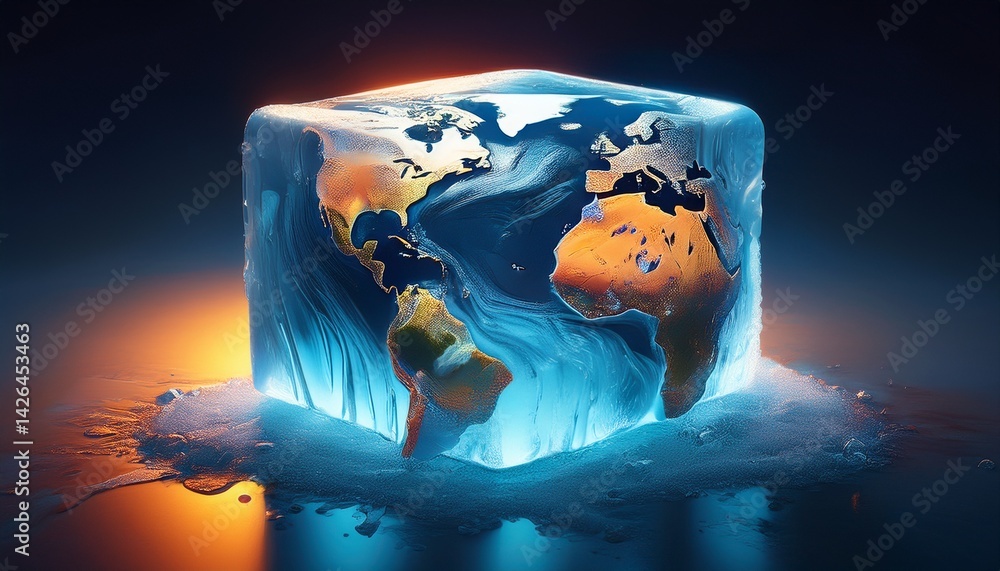 Poster abstract visualization of global warming with a melting earth shaped ice cube
