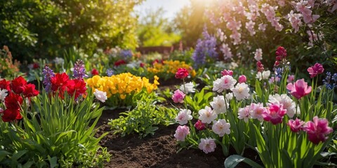 Fototapeta premium Vibrant flower garden in early morning light showcasing colorful tulips and blossoms in full bloom