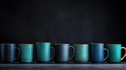 A row of blue coffee mugs with a black background
