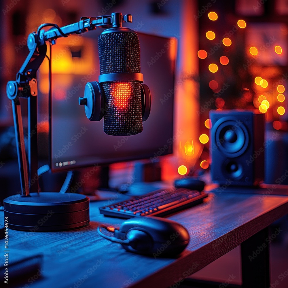 Poster setting up professional microphone for podcast recording with keyboard and computer