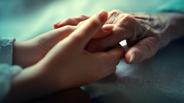 Young hand holding old hand on bed, helping caring for elderly, end of life support, aging people assistance