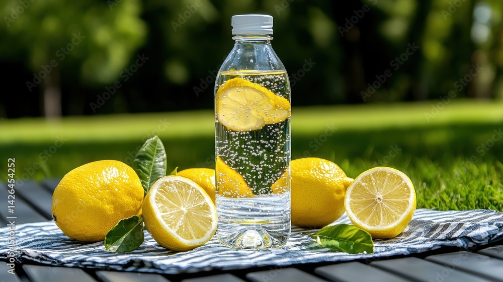 Aufkleber a bottle of water with a lemon slice in it sits on a table with a few lemons