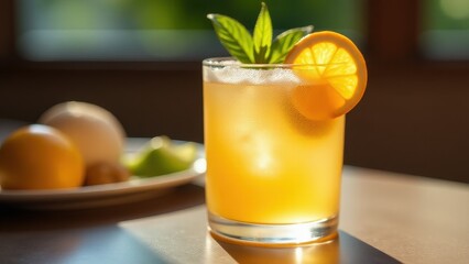 Fototapeta premium Refreshing orange drink with ice and orange slices in a glass on a table. Perfect for summer, cafe, or bar themes.