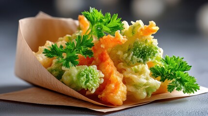 Crispy Vegetable Tempura with Fresh Parsley on Brown Paper