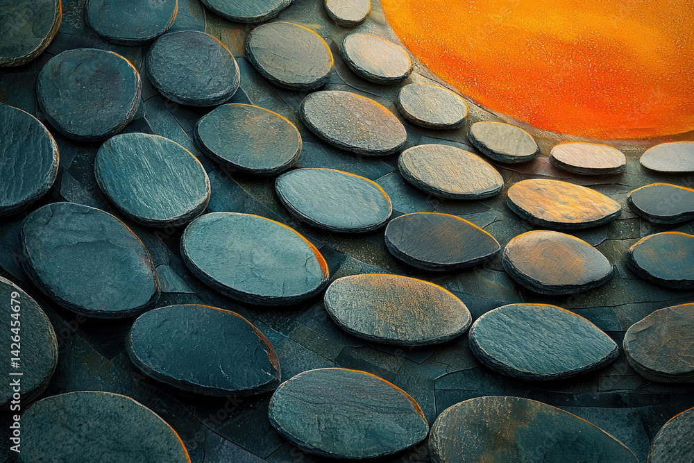 Poster a mesmerizing mosaic of dark, oval stones arranged in a wave pattern against a vibrant orange backdr