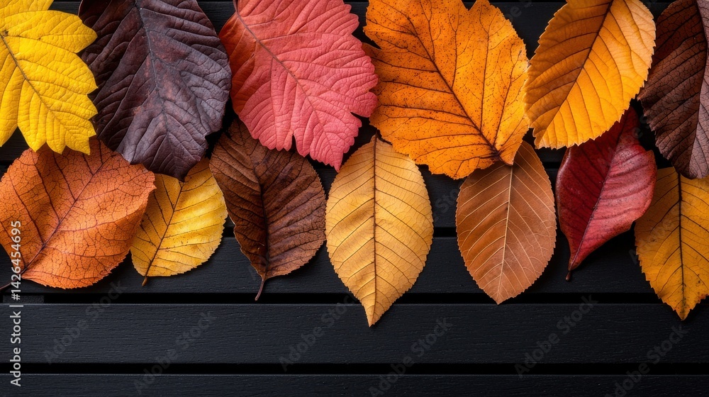 Poster a row of colorful autumn leaves on a black background