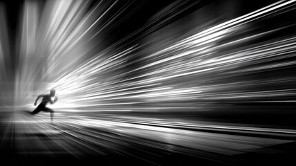 Fast Runner in Monochrome Motion Blur Captures the Spirit of Speed and Agility in an Urban Setting During Twilight Hours