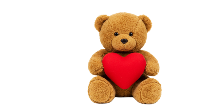 A brown teddy bear holding a red heart against a black background in a studio setting for valentines day