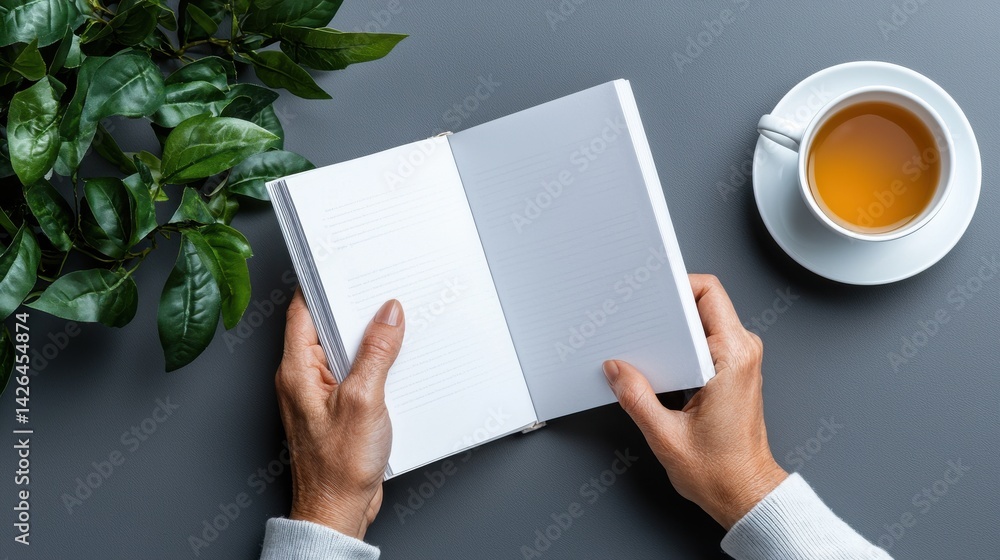 Poster a person is holding a book open on a table with a cup of tea next to it