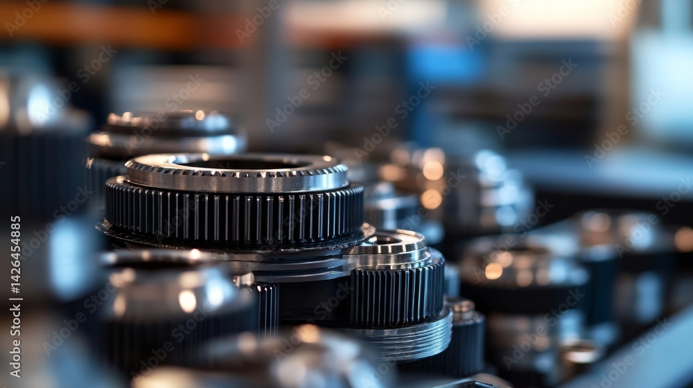 Poster high-angle macro perspective reveals the complexity of gears and cogs interlocked and spinning, with