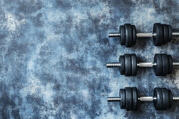 A top-down view of barbells and dumbbells on the gym floor, set against a black background with empty space for text, symbolizing fitness and weight training