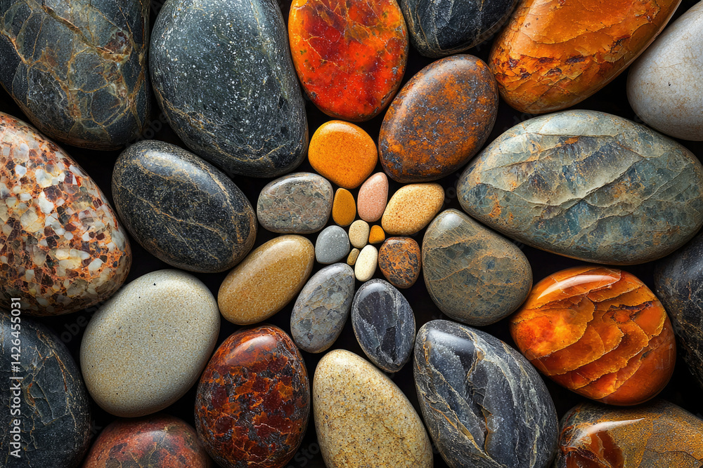 Poster colorful smooth stones arranged in a flower-like pattern, showcasing diverse textures and hues.