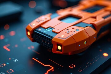 Macro shot of orange and blue tech device with futuristic design, macro, illuminated, modern