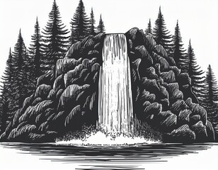 waterfall silhouette hand drawn illustration with mountain flow rive and trees
