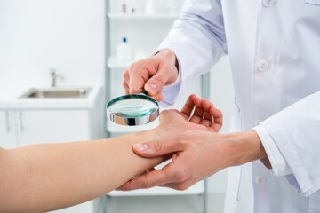 cropped view of dermatologist examining skin of patient with magnifying glass in clinic