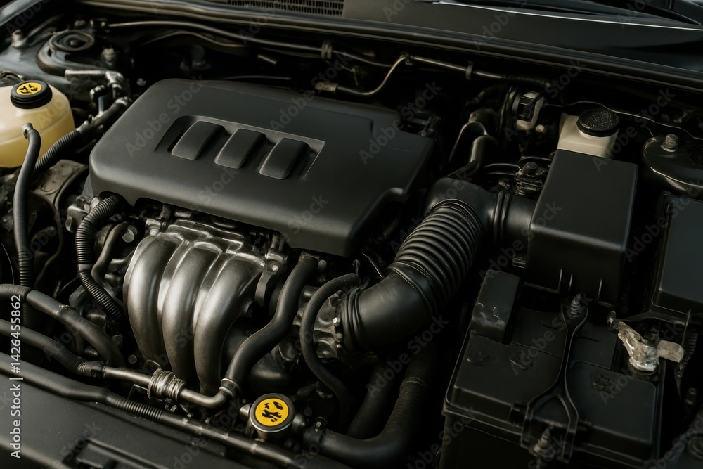 Poster close-up view of a car engine with detailed components and design