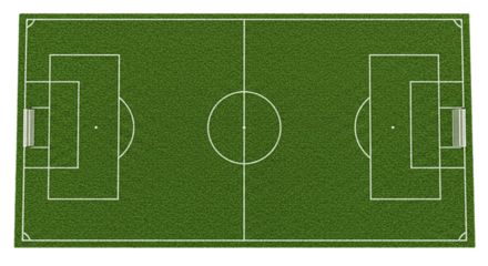 A top down view of a soccer field with white lines and green grass and two goals on each side of the field
