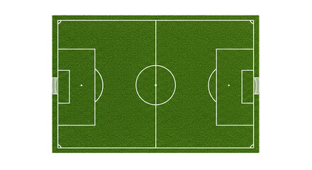 A top down view of a soccer field with white lines and goals on a black background in a digital image